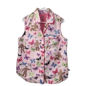 Nick & Nora‎ Cute Sleeveless Cotton Top Pink Sock Monkey Butterflies L
